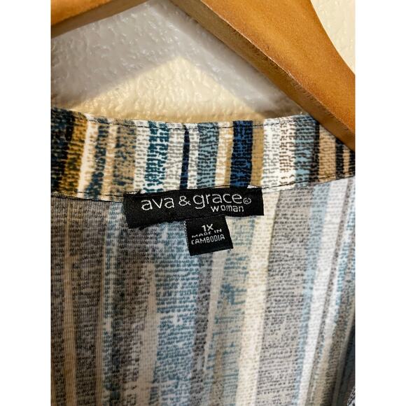 Ava & Grace Boho Retro Brown & Blue Striped Roll Tab Sleeve Half Button Top 1X - Picture 5 of 11